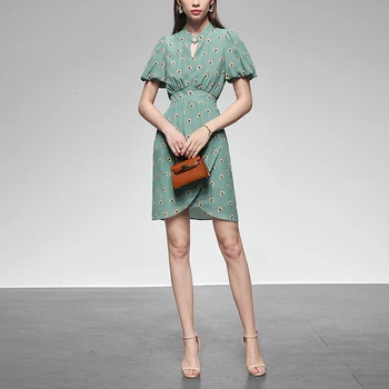 

Seifermann Boho Fashion Runway Summer Short Dress Women Chiffon High waist Floral Print Lantern Sleeve Ladies Slim Mini Dresses