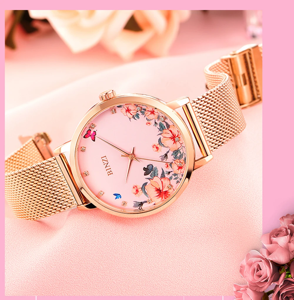 Роскошные женские часы из розового золота минимализм цветок скрытая застежка модные повседневные женские наручные часы водонепроницаемые бриллианты часы