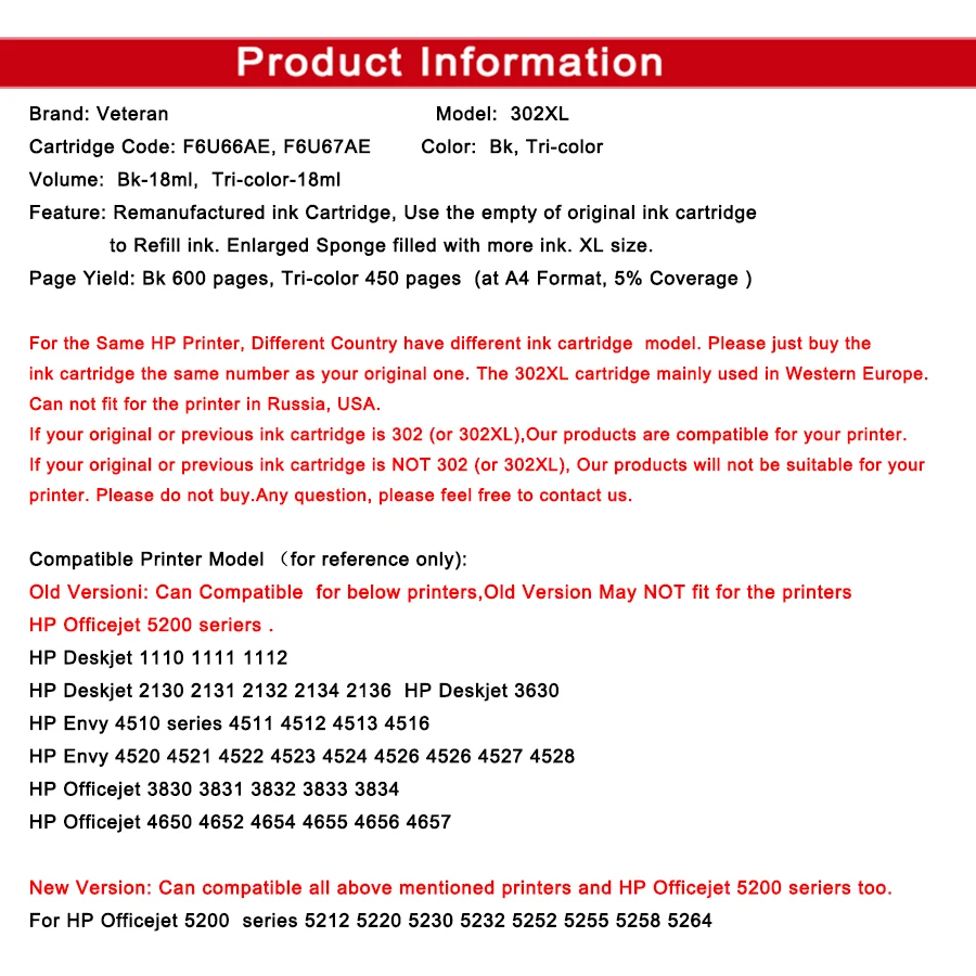 Ветеран 302XL Заправка картриджей Замена для hp 302xl 302 xl Новый Deskjet 1110 2130 2135 3630 3632 officejet