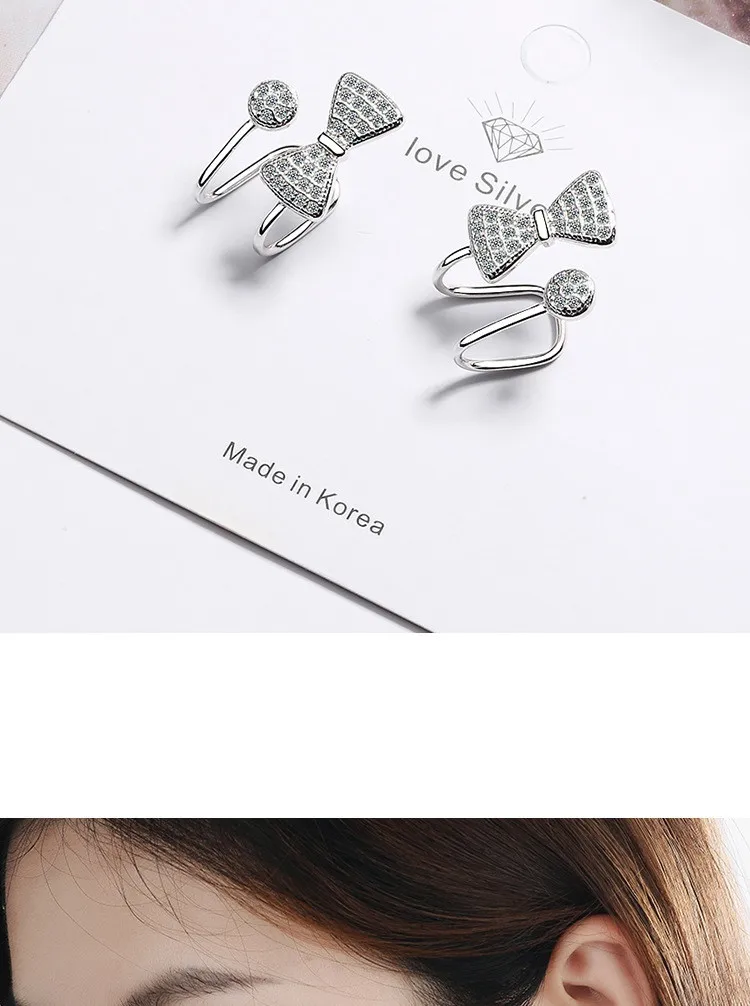 Japanese style simple personality temperament fashion crystal bow short paragraph 925 sterling silver ear clips IU012
