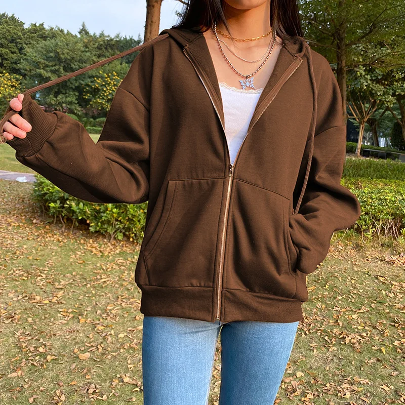 Brown Zip Up Hooded Sweatshirts Women 2021 Vintage Pockets Oversized Jacket  Coat Autumn Female Y2K Aesthetic Long Sleeve Hoodie - AliExpress