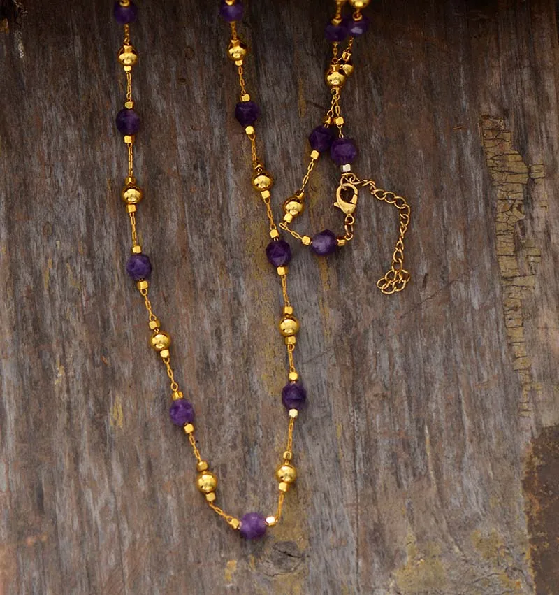 Luxury Natural Stones Amethysts Lariat Necklace Women Exquisite Beaded Simple Layers Necklace Teengirl OL Jewelry Gifts