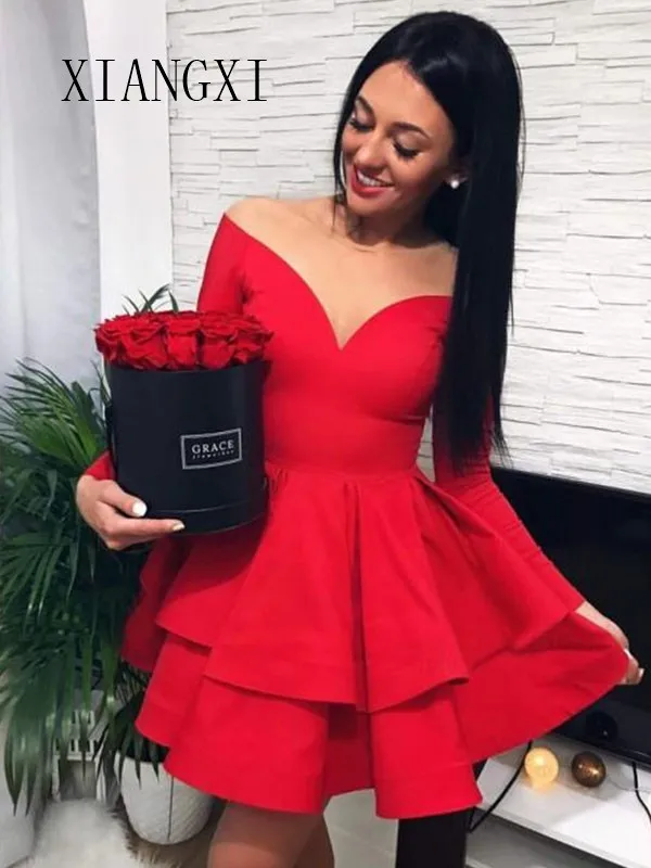 Vestido De festido красное домашнее платье атласное ТРАПЕЦИЕВИДНОЕ с открытыми плечами рукава Выше Колена Выпускные платья Короткие вечерние платья