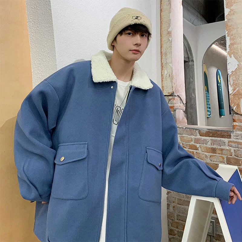 

2021 Winter Men's Loose Thicken Lamb Coats In Warm Wool Parkas Lapel Collar Cotton-padded Clothes Blue/black/green Trench S-2XL