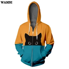 WAMNI Curious Black Cat толстовка на молнии оранжевая зеленая с цветным принтом Женская 3D Толстовка с капюшоном в стиле хип-хоп киска на молнии