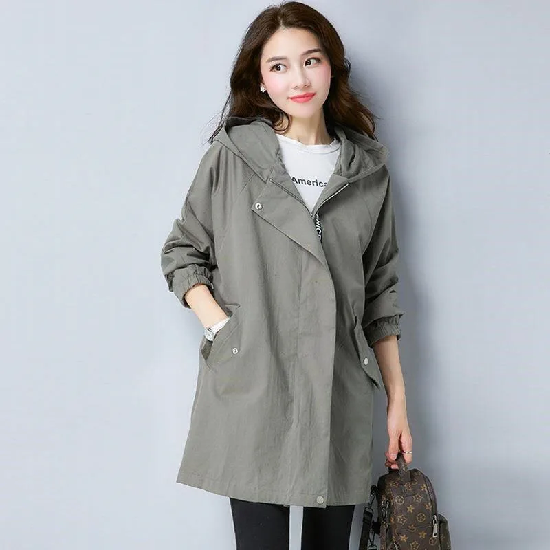 Women Windbreaker Jacket korean coats women Spring Autumn Hoodies top Plus size trench coat length Windbreaker