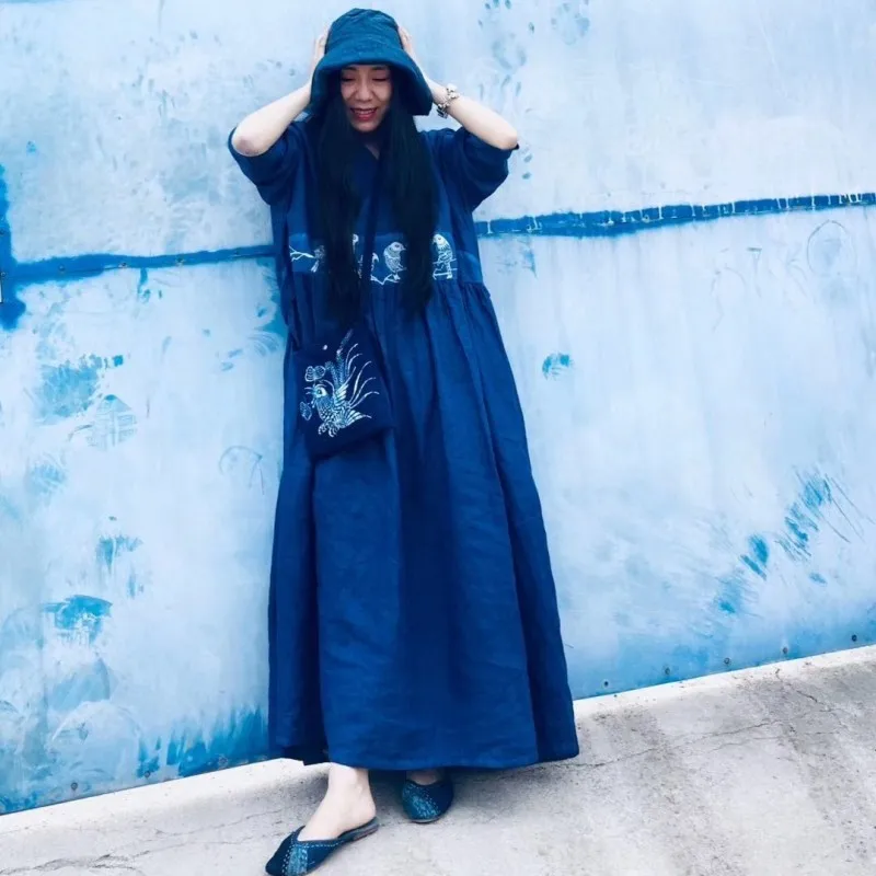 2020 Nieuwe Vrouwen Luxe Handgemaakte Plantaardige Verven Maxi Lange Jurk Losse Casual One Size Folk Gedrukt Katoen Linnen Enkellange jurk 2020 Nieuwe Vrouwen Luxe Handgemaakte Plantaardige Verven Maxi Lange Jurk Losse Casual One Size Folk Gedrukt Katoen Linnen Enkellange jurk
