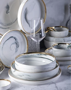 

Nordic dinner plate marble Phnom Penh tableware dessert bowl home round steak plate porcelain dinner plate kitchen tableware