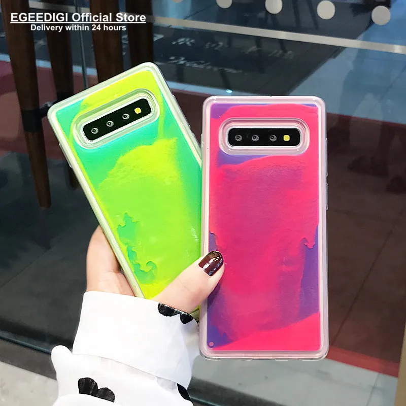 

Luminous Neon Sand Case For Samsung Galaxy Note 8 9 A10 A30 A50 A70 J4 J6 2018 s8 s9 S10 Liquid Glitter Quicksand Phone Covers