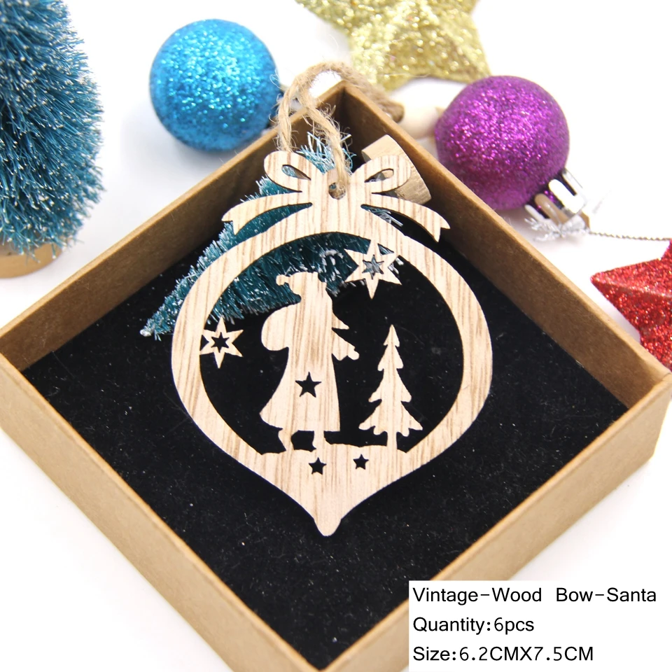 6pcs Bow-Santa 6 шт./лот, винтажные полые рождественские подарки, Деревянные Подвески, украшения из дерева, елочные украшения, детские игрушки, подарки - Цвет: 6pcs Bow-Santa