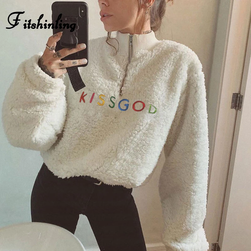 

Fitshinling Zip-Up Turtlenecks Lambswool Sweatshirts Winter Embroidery Letter Colorful Polerones Mujer Casual Women's Sweatshirt