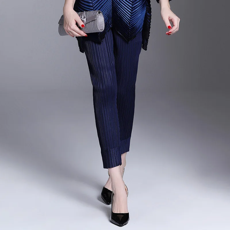 

Miyake Pleated Trousers Women Plus Size Full Length Pants Japan Style Simple Elastic Waist Solid Straight Pants New Fashion