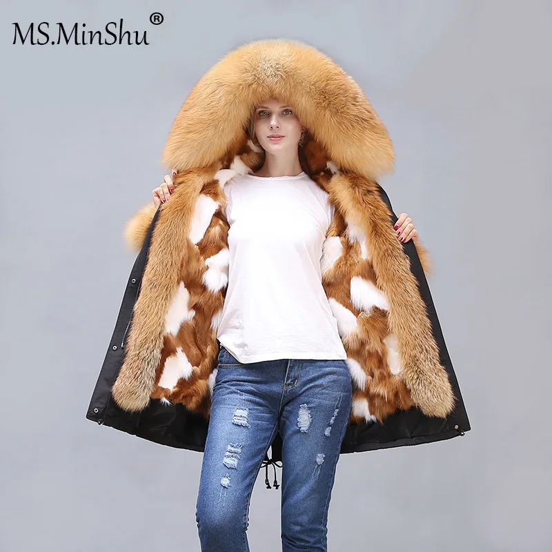 Womens Fox Fur Coat Parkas Winter jacket coat women parka big real fur collar kurtka damska natural fox fur liner long outerwear - Цвет: Светло-серый