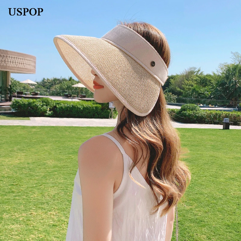 USPOP New Women Summer Straw Sun hat Without Crown Letter Wide Brim Beach Hat Anti-UV Sunshade