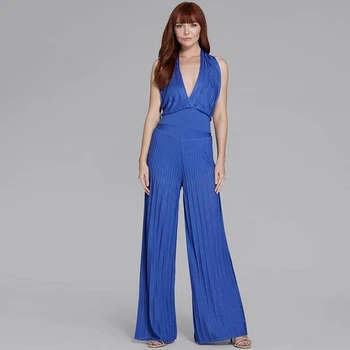 

2019 Women Blue Sleeveless Sexy big Backless Solid Bandgae Jumpsuit V Neck Autumn Verano Clubwear Good Quality Celebrity Party