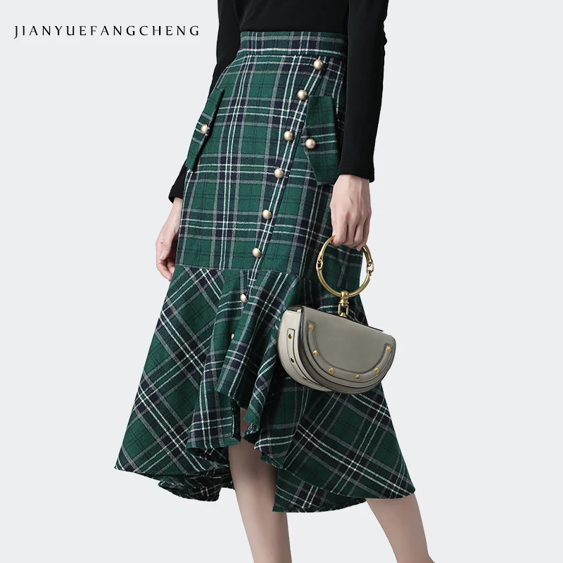 Plaid Модная зеленая Клетчатая Шерстяная Юбка с оборками для женщин, новинка, зимняя плиссированная юбка с высокой талией, юбки размера плюс, Женская винтажная юбка - Цвет: Plaid