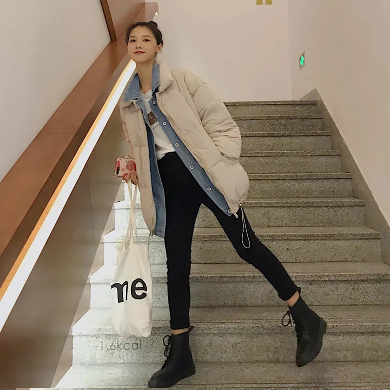 

2019 New Style Fake Two-Piece down Jacket Cotton-padded Clothes Cowboy Joint Stand Collar Students Cotton Overcoat Korean-style