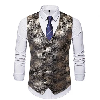

Fashion Men Suit Vest Gold Print Plus Size V-neck Patchwork Double-breasted Casual Slim Fit Waistcoat Men Clothing Spring Autumn