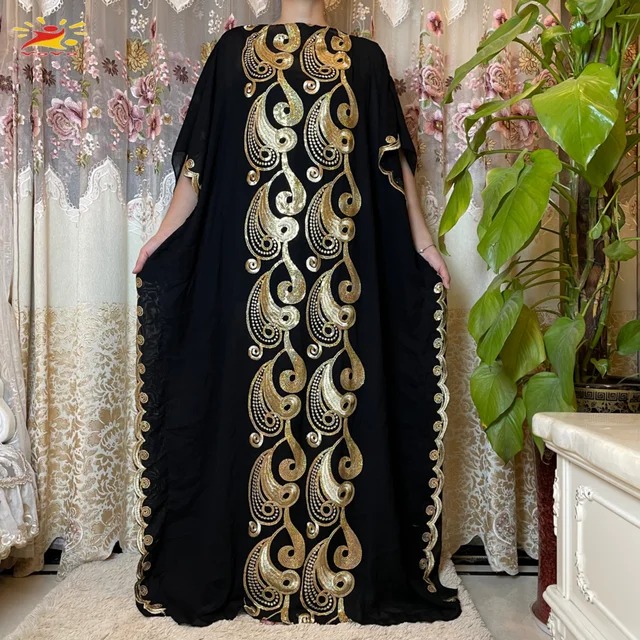 New arrival african embroidery flower dresse with scarf big size women muslim sequin embroidery long