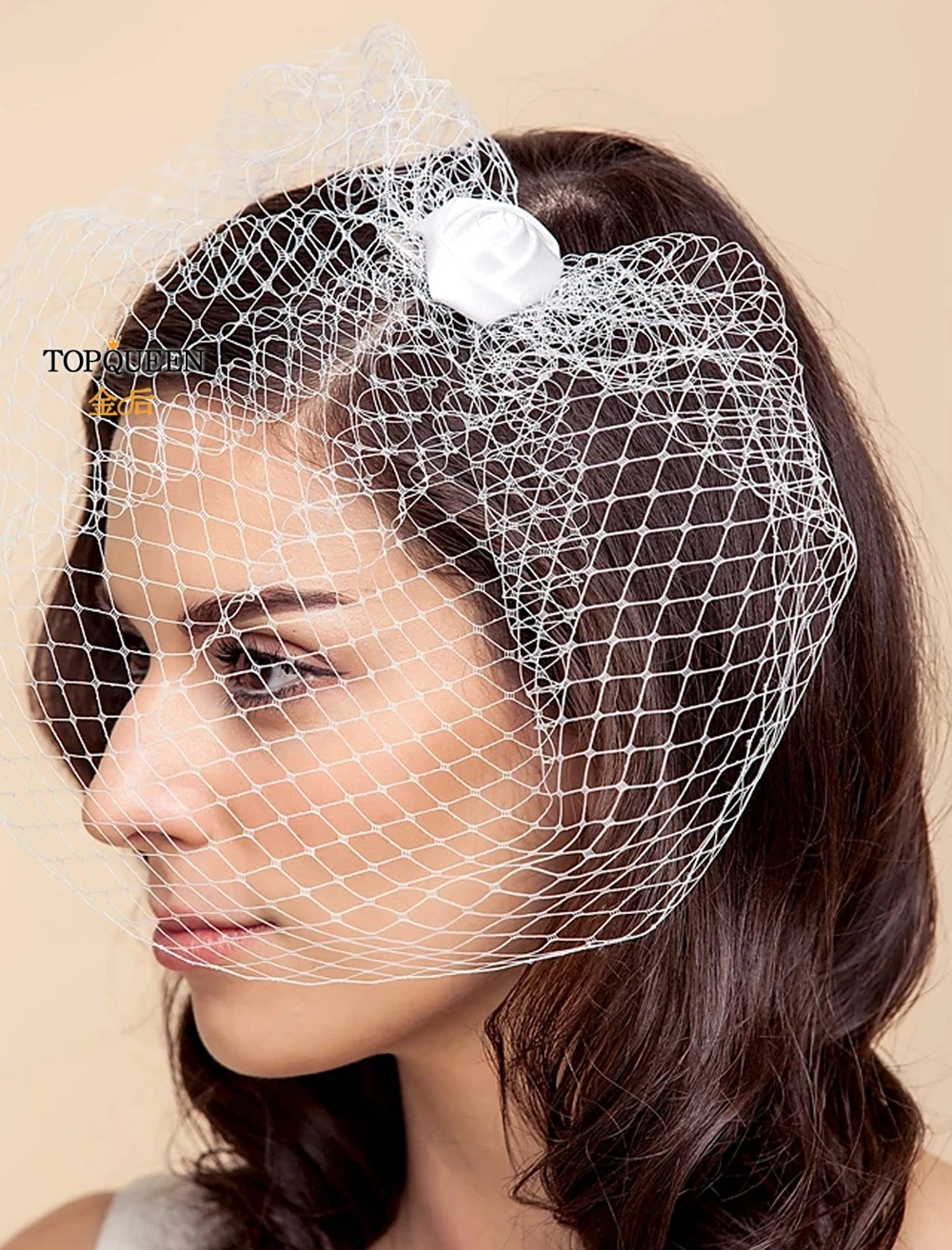 Handmade Birdcage Veil Blusher Veil White Ribbon Flower Headband Bridal Hair Accessories Face TOPQUEEN VA02