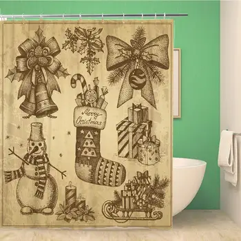 

Bathroom Shower Curtain Vintage Christmas Retro Drawings Drawn Sketch Tree Snowman Bow 72x72 inches Waterproof Bath Curtain Set