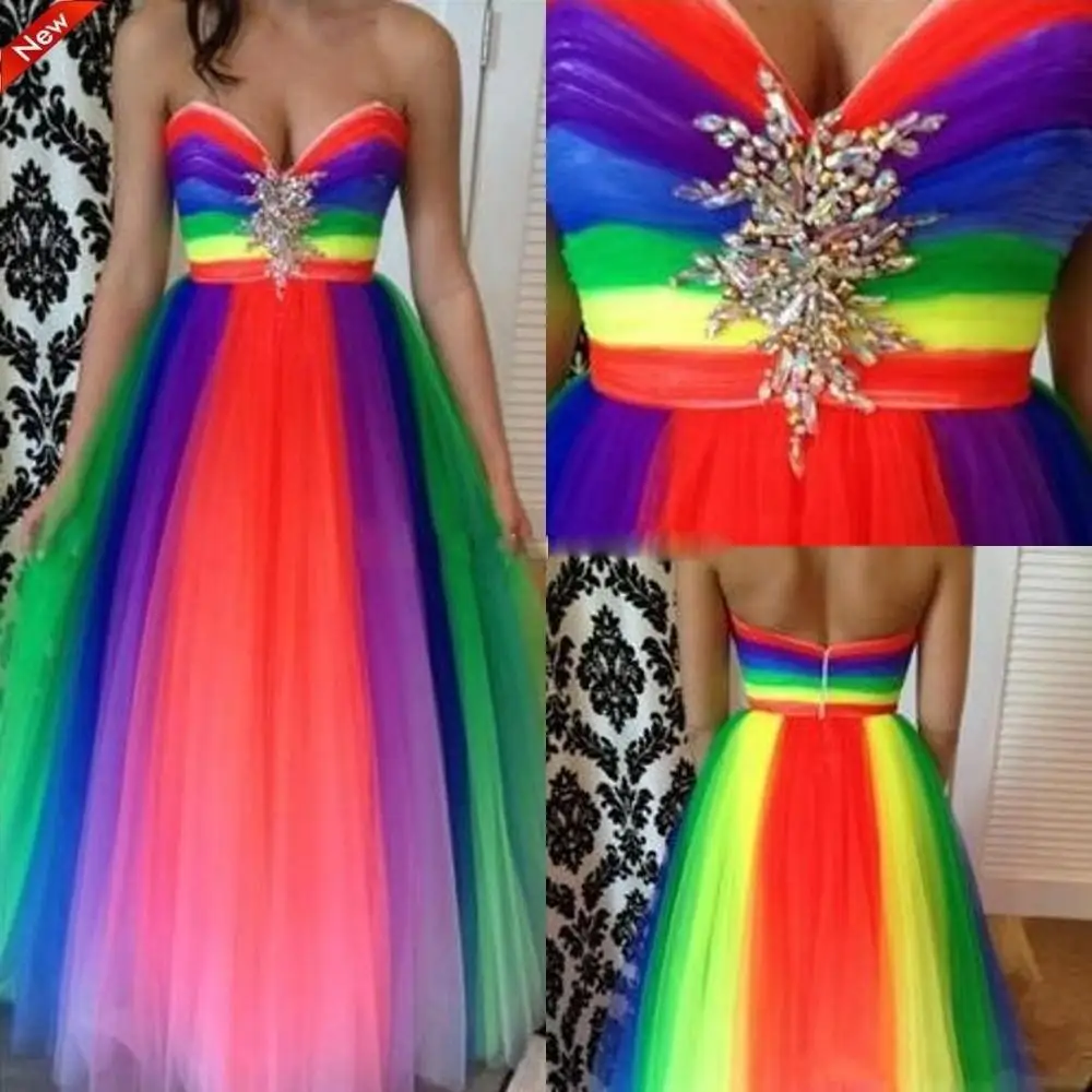 

Rainbow Beaded Prom Dresses Sweetheart Crystal Backless Evening Dress Sweep Train Spring Plus Size Wedding Formal Party Gowns