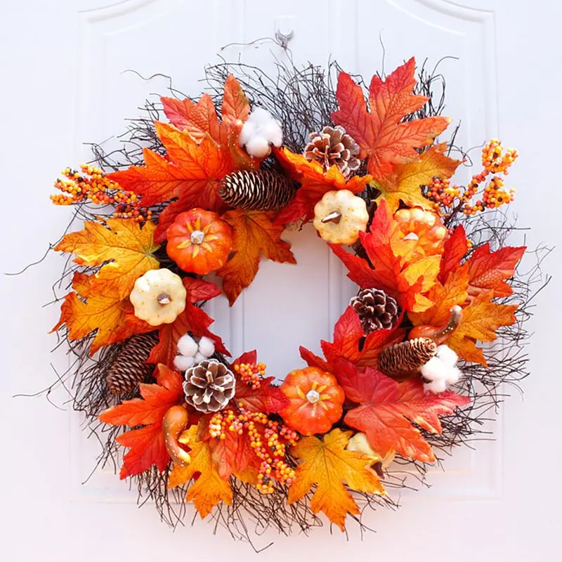 

Halloween Thanksgiving Door Hanging Wreath Garland Artificial Maple Leaves Pumpkins Berries Pine Cones Simulation Weeding