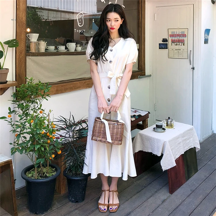 2020 New Summer Women Dresses Vintage High Waist V-Neck Casual Single Breasted Lace Up Bow Puff Sleeve Trumpet Long Dress DR1969 2020 New Summer Women Dresses Vintage High Waist V-Neck Casual Single Breasted Lace Up Bow Puff Sleeve Trumpet Long Dress DR1969