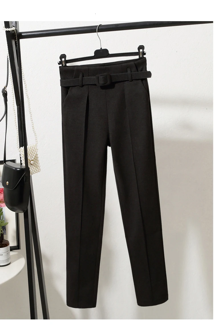 Шерстяные брюки для офисных леди Элегантные зимние толстые брюки с высокой талией узкие брюки длиной до щиколотки