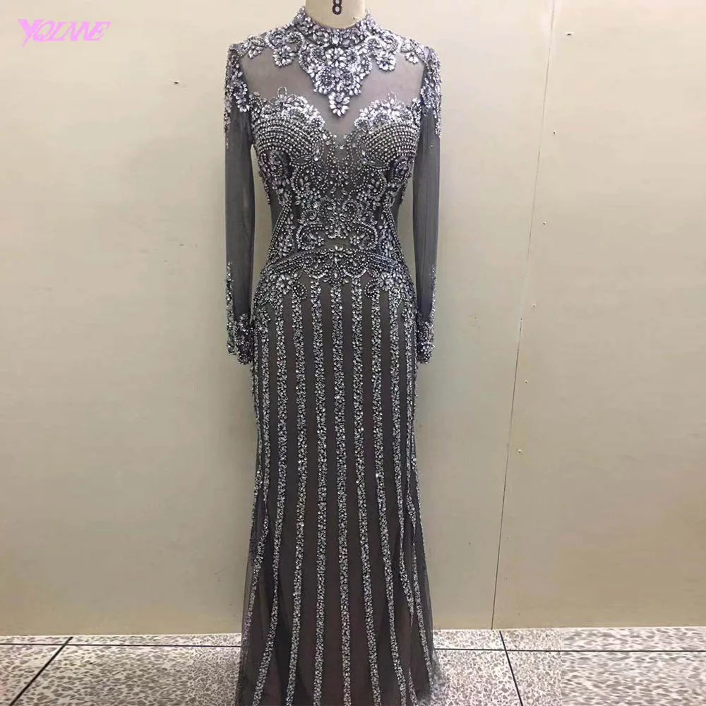 YQLNNE великолепные Темно-Серые Бриллианты вечерние платья с длинным рукавом Дубай вечернее платье «русалка» высокая шея бисером формальное платье