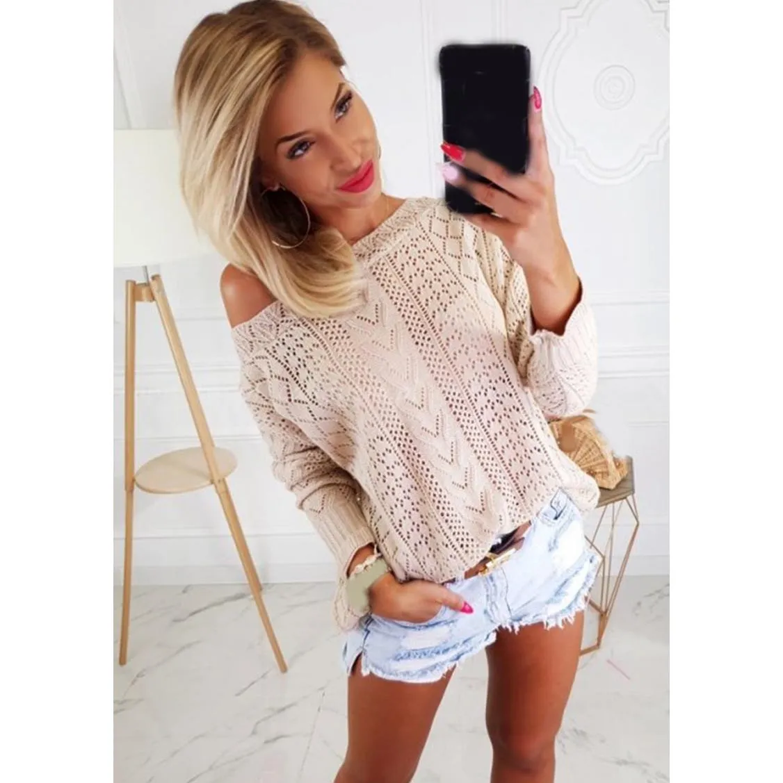 

Autumn Women Knitted Sweater Pullovers Loose Hollow Out Pullover Sweater Sexy Off Shoulder Long Sleeve Casual Jumpers