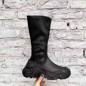 

Elastic Mid-Calf Boots Women Flat Platform Ladies Shoes New Comfortable Botas Side Zipper Shoes Woman Black Botines Mujer 2019