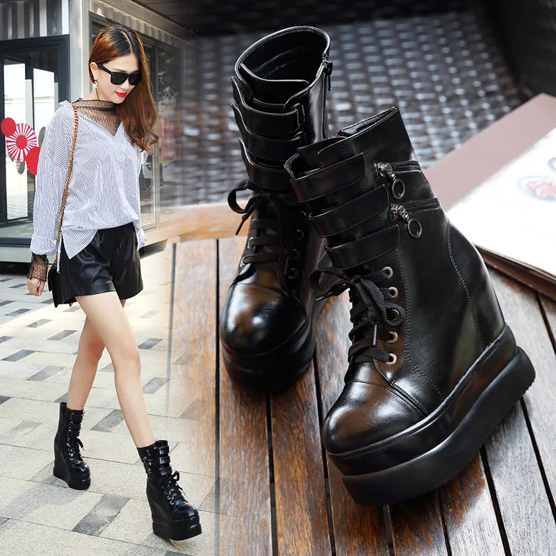 

Women's Mid Calf Boots Autumn Shoes Bootee Woman 2019 Lace Up Luxury Designer Round Toe Lolita Rock Wedge Winter Fashion Rubber