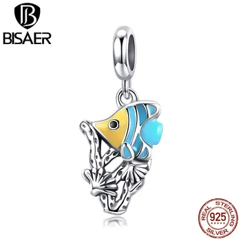 

BISAER Pendant Charm 925 Sterling Silver Enamel Tropical Fish and Water Grass Dangle Beads for Original Charm Bracelet GXC959