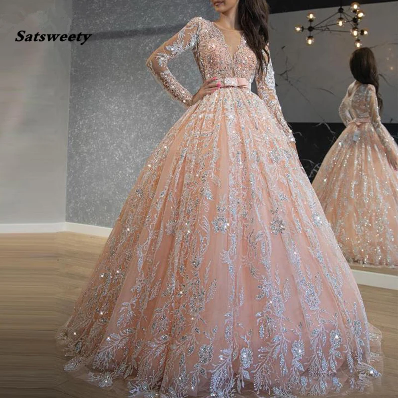 Sparkly-Pink-Sequined-Lace-Ball-Gown-Prom-Dresses-Jewel-Neck-Long-Sleeve-Sweet-16-Dress-Long