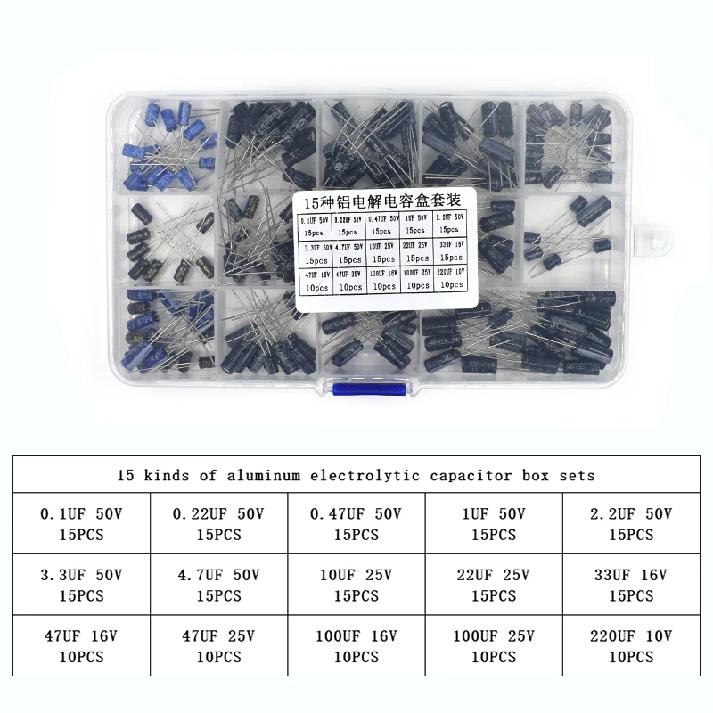 200pcs/lot Sugárirányú capacitors állítsa 15values 10V 16V 25V 50V 0.1uf-220uf Elektrolitikus Kondenzorlencse Készles készlet 0.22uf 2.2uf 100uf