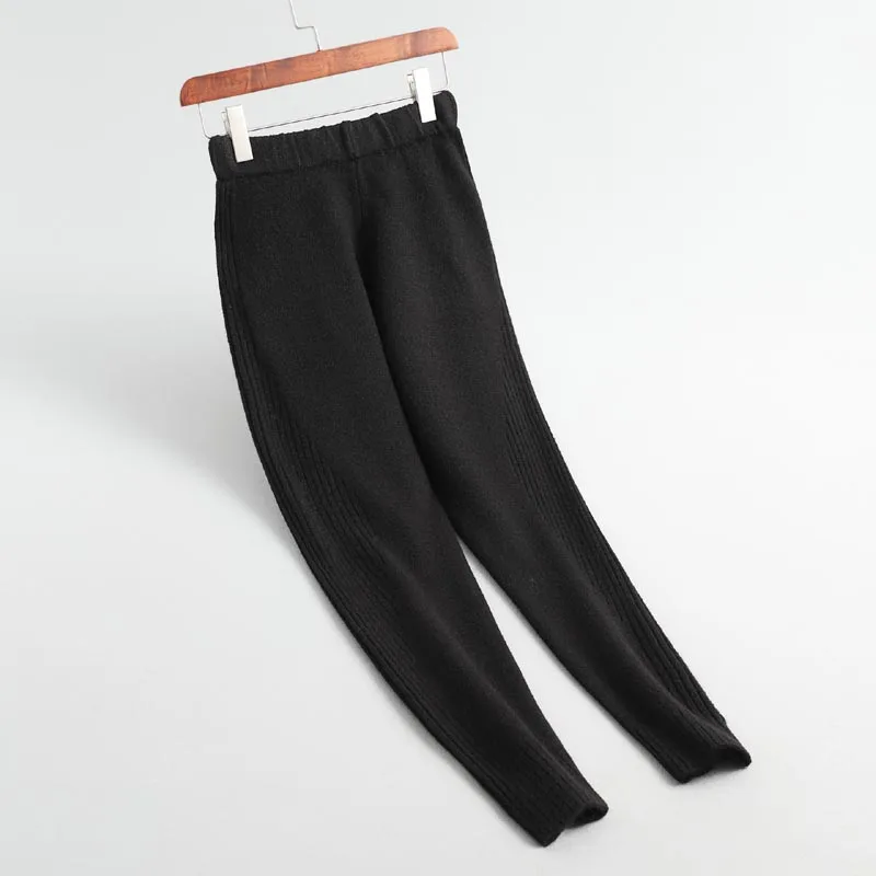 J302 Новинка осень зима теплый дизайн сплошной цвет свитер брюки эластичная талия короткие до щиколотки трикотажные брюки