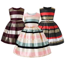 Детское летнее атласное платье для девочек на свадьбу, день рождения, платье в золотую полоску, костюм vestidos, одежда для 4, 5, 6, 8, От 7 до 8 лет