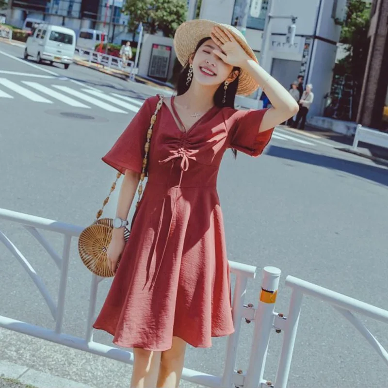 

Photo Shoot INS Holiday Rosy Brown First Love Skirt Women's Summer Drawstring Lace V-neck Short-height Bell Sleeve A- line Dress