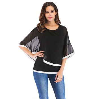 

S-5XL Plus Size Women Chiffon Blouses 2019 Summer Autumn Tops Casual Batwing Sleeve Tunic Black Blue Shirts Fashion Lady Blouse