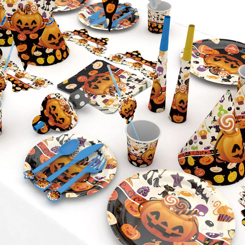 Halloween Candy Pumpkin Head Theme Creative Party Package Decoration Party Supplies Party Disposable Tableware Cup Plate