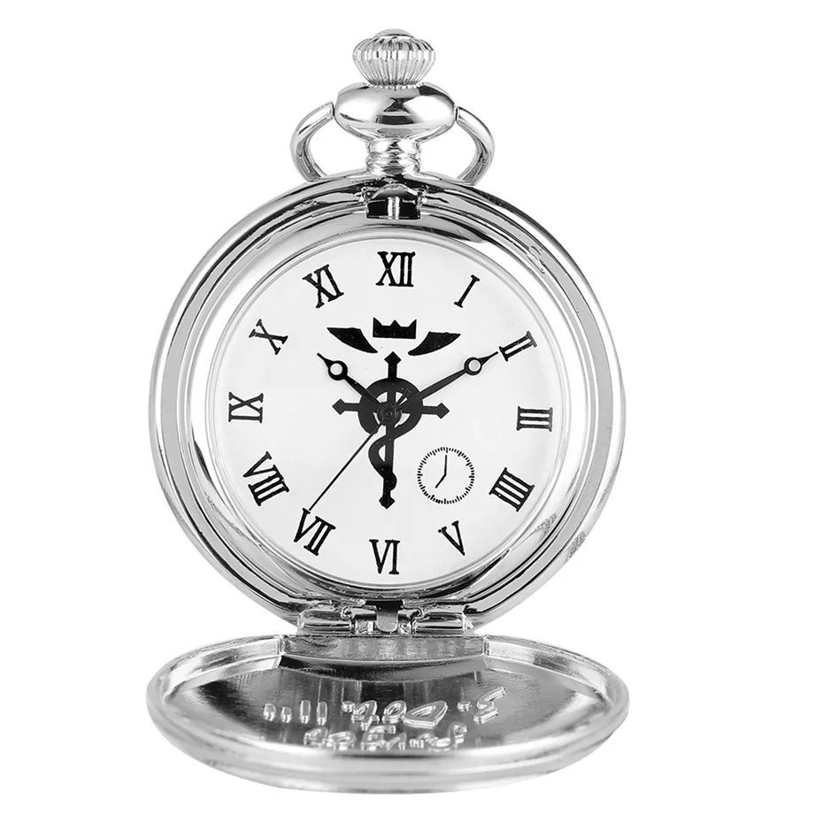 Retro Silver Quartz Pocket Watch Japanese Anime Fullmetal Alchemist Necklace Box Set Watches Kid Gift for Clock New