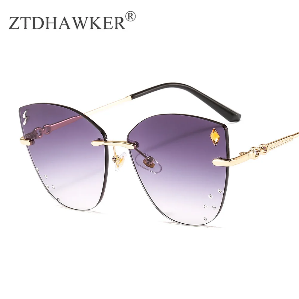 

Cat Eyes Fashion Stylish Frameless Ladies Glasses Anti-ultraviolet Repair Face Color Diamond Sunglasses