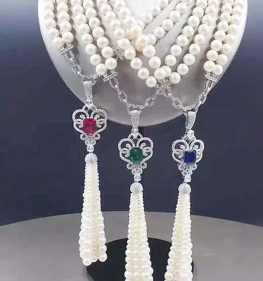 

free shipping Jewelry 2strands 8-9 mm natural south sea white pearl necklace 17 " 18 "micro inlay zircon pendant