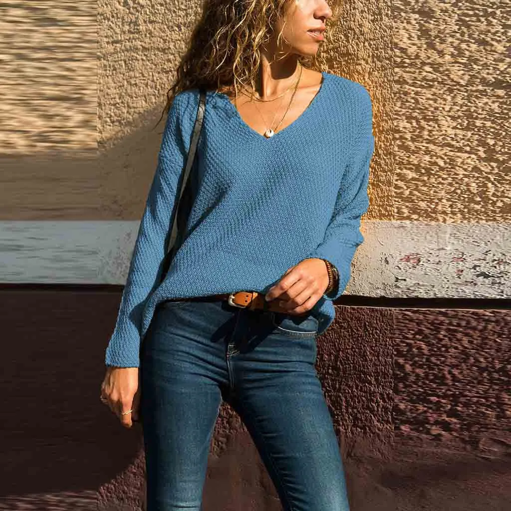 Jaycosin Fashion Casual Lady Long Sleeve V-neck Sweater Stylish Comfortable Soft Solid Color Knitting Slim Blouse Sweater Tops