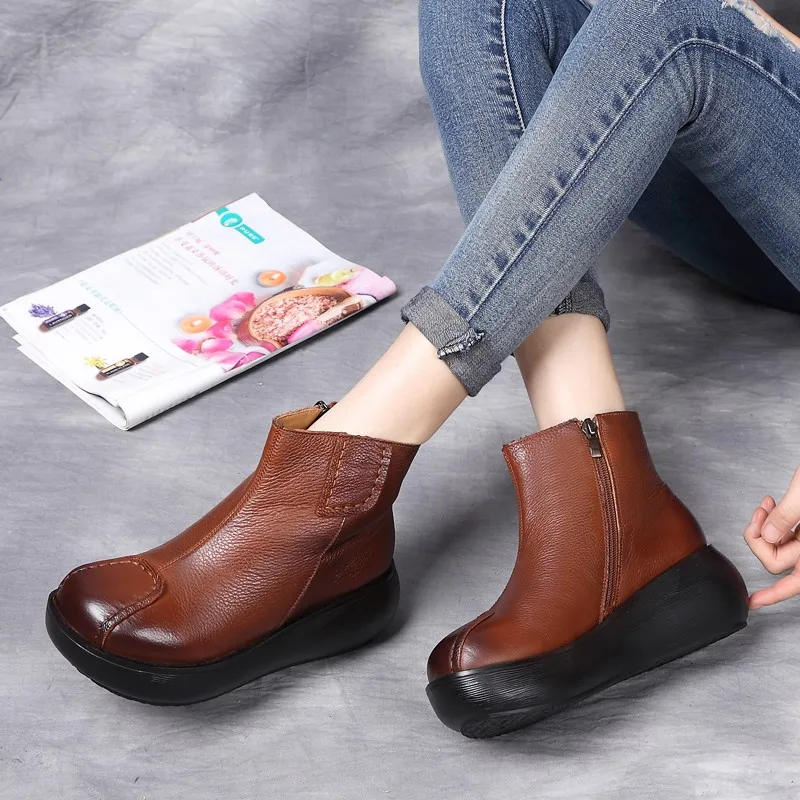 

Cow Leather Round Toe Women Zipper Ankle Boots Chunky Platform Flat Casual Boots Winter Keep Warm Short Booties for mothers