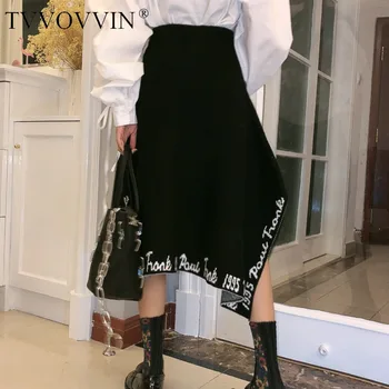 

TVVOVVIN 2020 New Fashion Spring Vintage Black Letter Harajuku Design Irregular Letter Skirt Knit High Waist Skirts ZA3030
