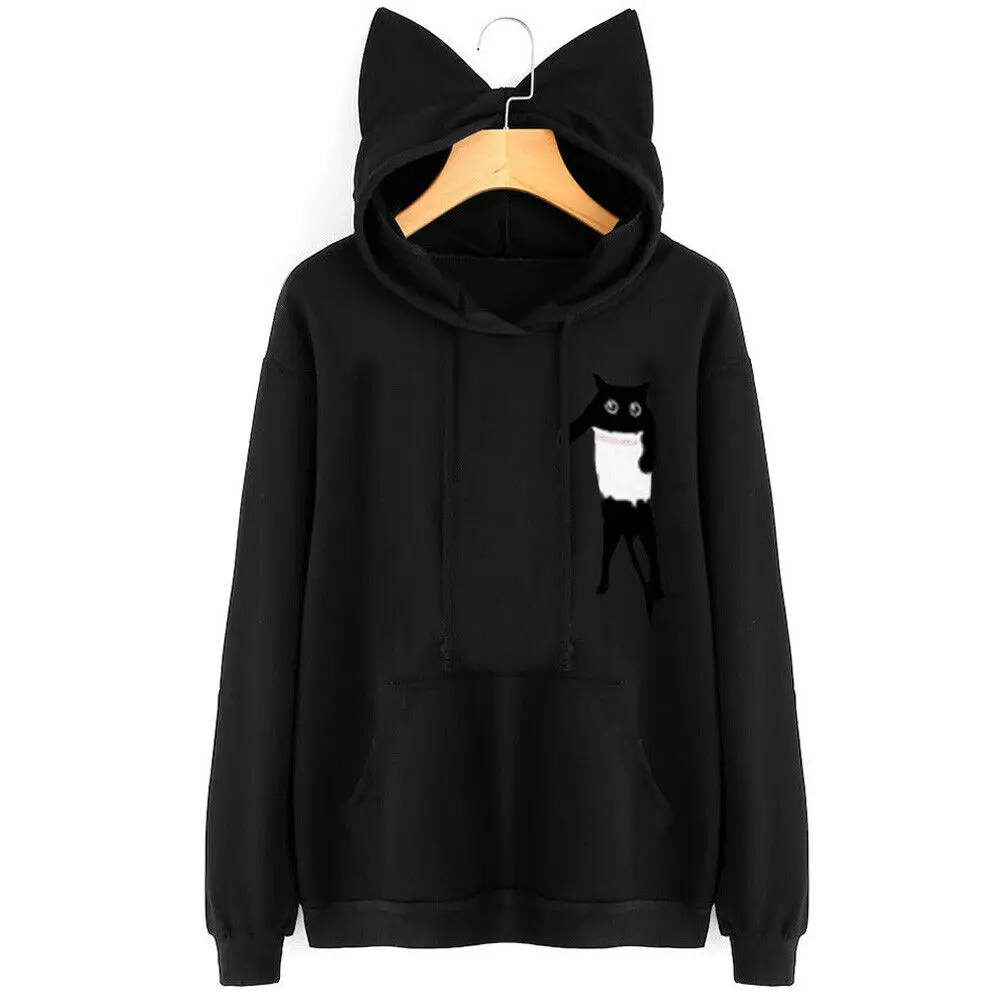 2020 черные женские толстовки с капюшоном Kawaii Cat топы милым рисунком кота толстовка