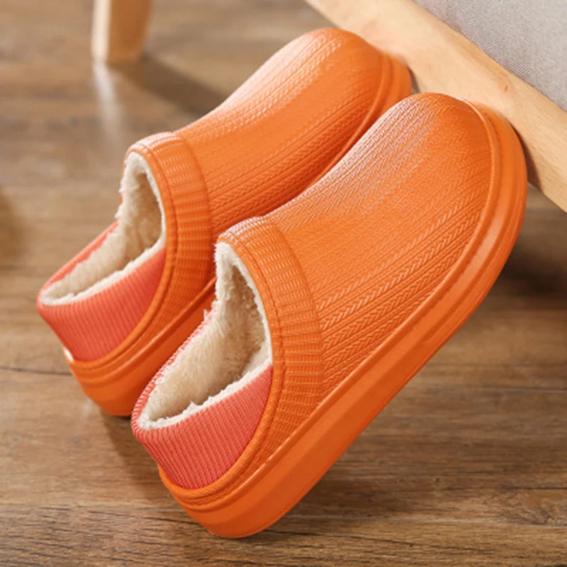 2022 Winter New Cotton Slippers Female Solid Color Waterproof Warm And Velvet Cotton Shoes Men Thick-soled Couple Home Slippers