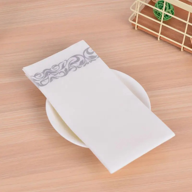 Disposable Linen-Feel Guest Towels-Decorative White Hand Towels, Silver Floral Cloth-Like Paper Napkins